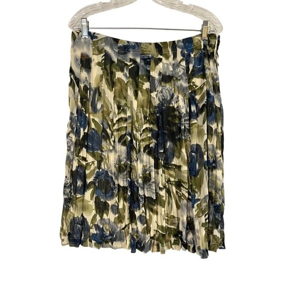 august silk Dresses & Skirts - Retro Floral Earthy Midi Skirt 14 Blue Crinkle Tropical Resort Preppy Artsy Chic